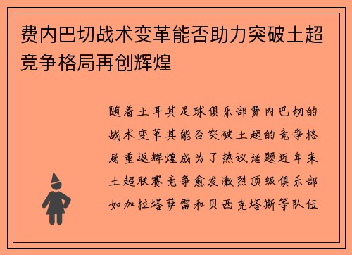 费内巴切战术变革能否助力突破土超竞争格局再创辉煌