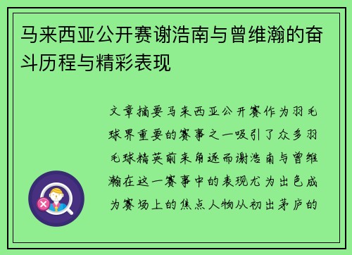 马来西亚公开赛谢浩南与曾维瀚的奋斗历程与精彩表现