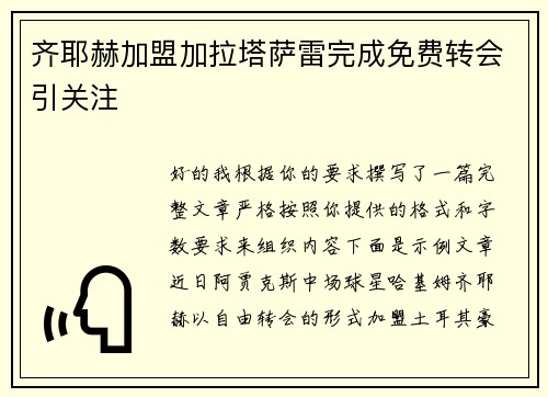 齐耶赫加盟加拉塔萨雷完成免费转会引关注